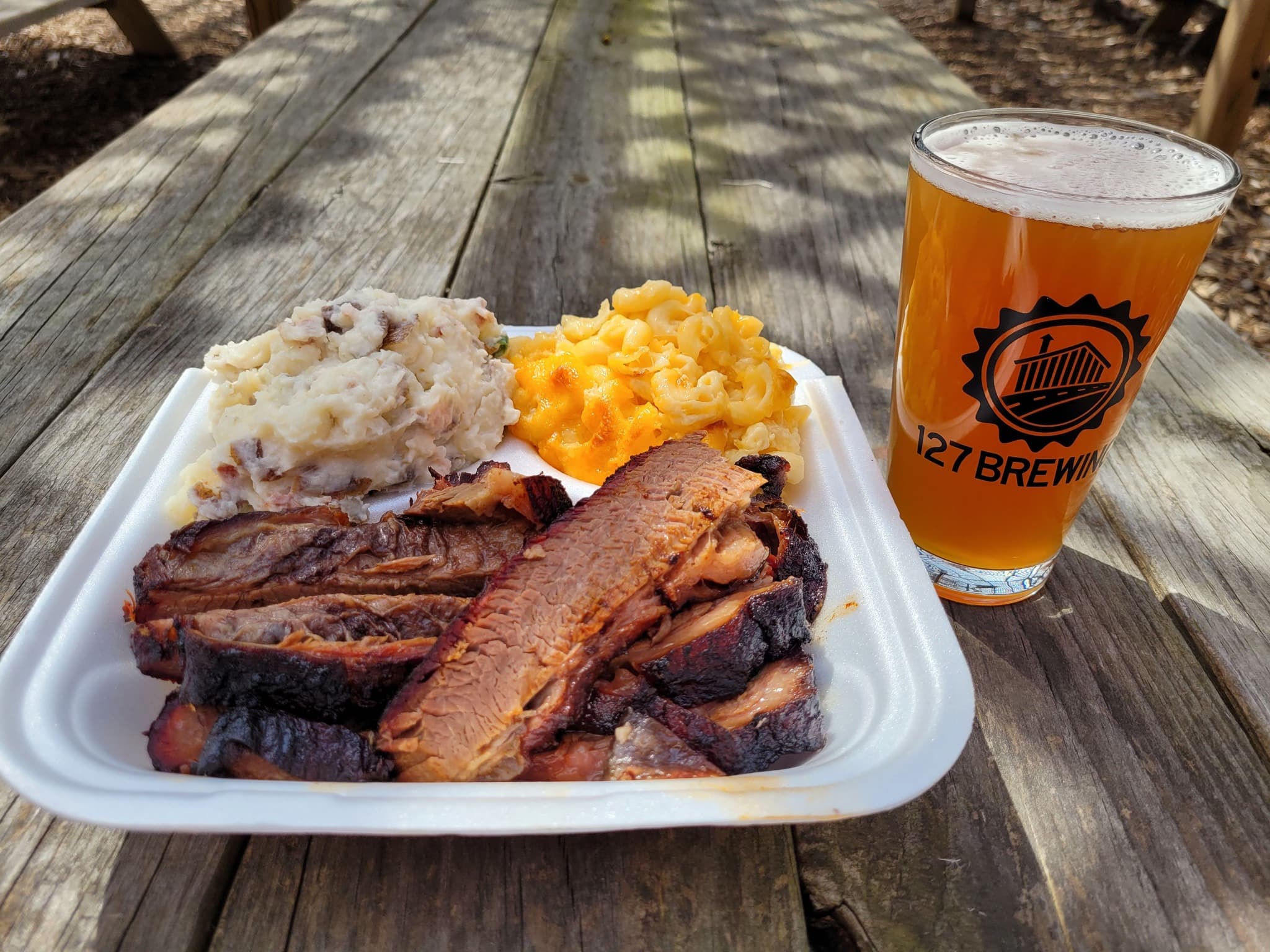 Brisket macaroni and cheese and mashed potatoes